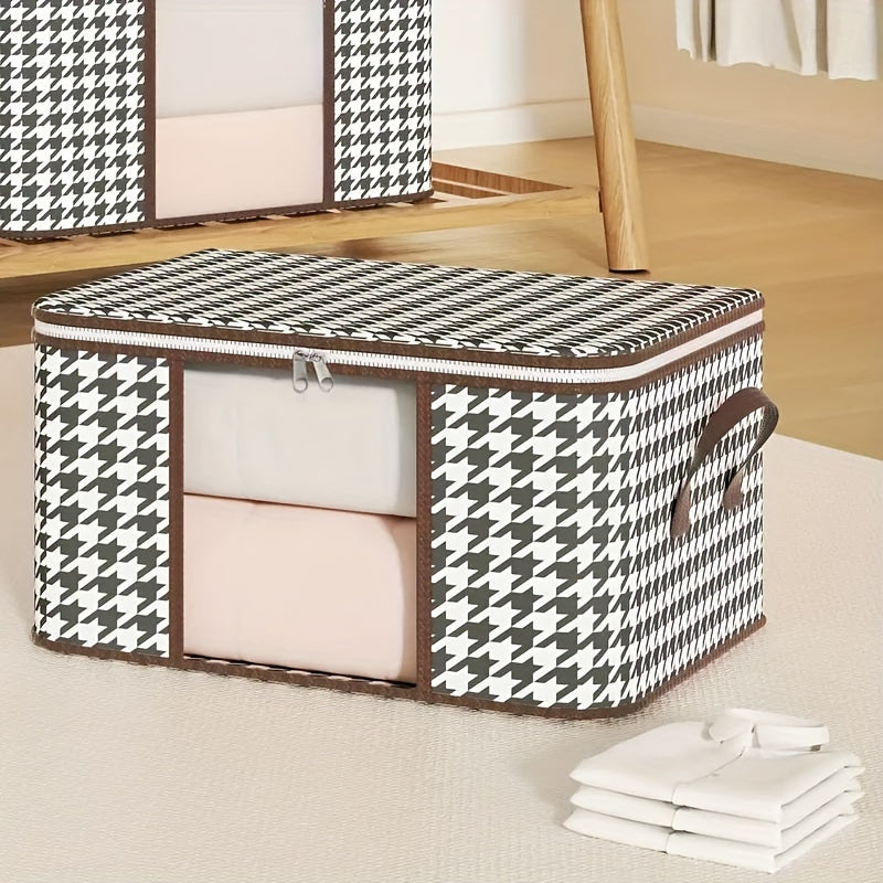 A durable canvas houndstooth storage bag with a zippered closure and handles, perfect for quilts, clothes, and linens. Lightweight and portable, this organizer is ideal for keeping your wardrobe, bedroom, or dorm neat and tidy. Its modern aesthetic adds