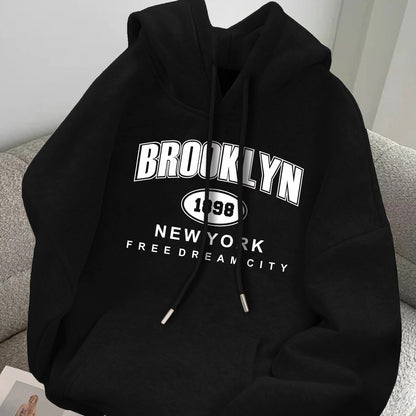 BROOKLYN 1989 FREEDOM CITY Print Men's Drawstring Long Sleeve Hoodie Sweatshirt with Kangaroo Pocket for Daily Wear.