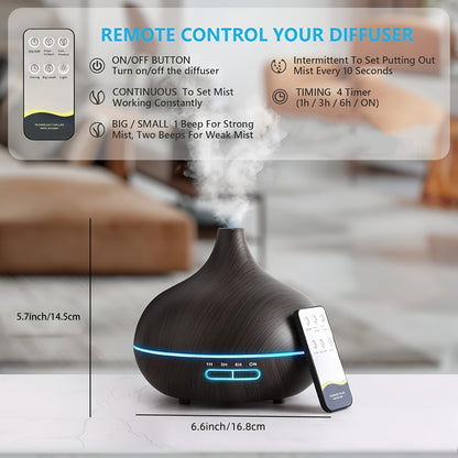 550ml essential oil diffuser with remote control and soundwave technology, auto shut off, 4 timing settings, and 7 LED lights for home or office use.