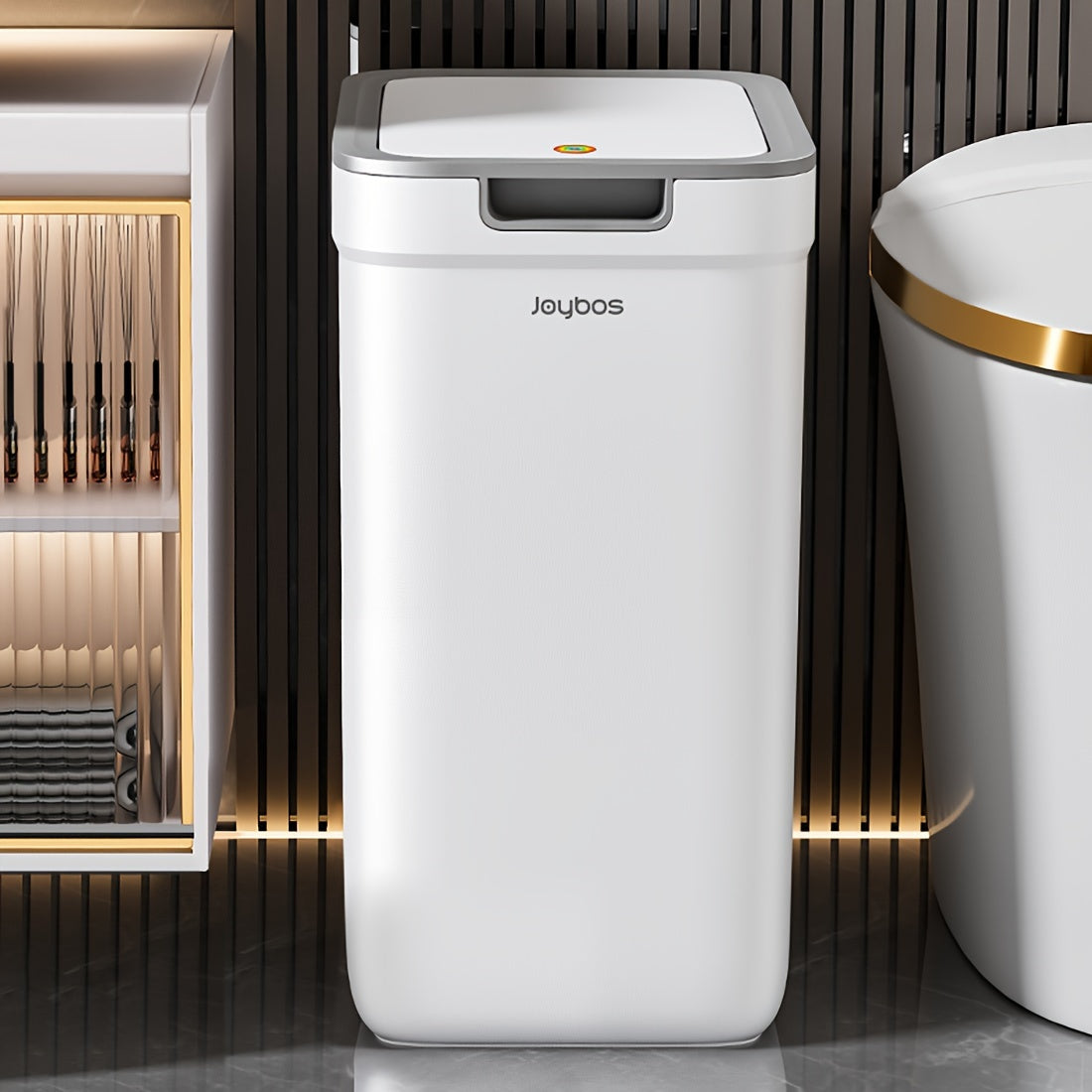 Joybos Wall-Mounted Bathroom Trash Can saves space and seals in odors while remaining touchless.