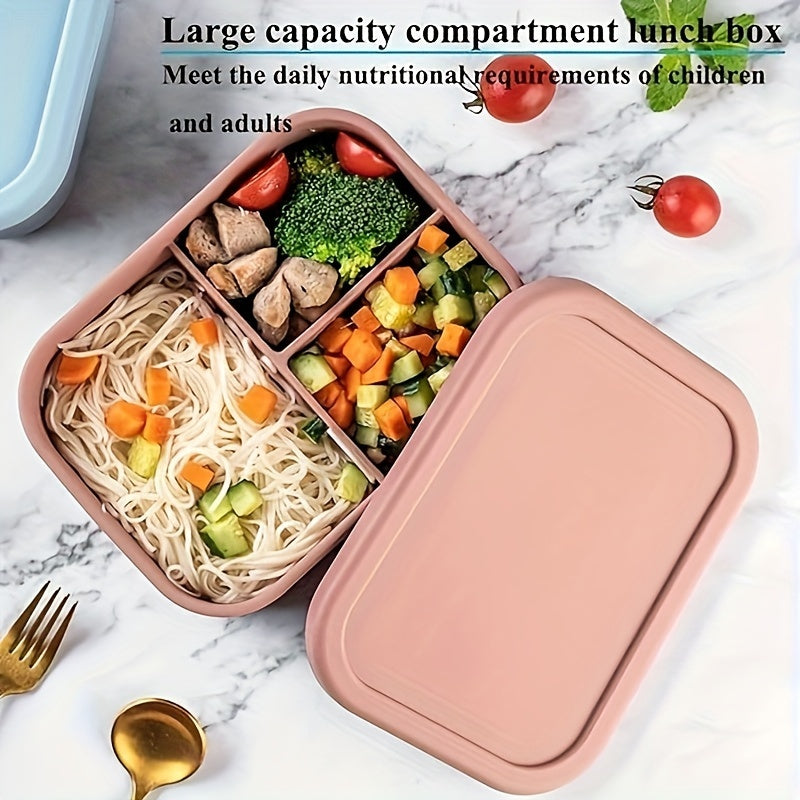 Silicone Lunch Box with Leak Proof Bento Box Design, 3 Compartments Food Container, Microwave Safe for School Students, Office Workers, and Travelers. Ideal Kitchen and Travel Accessories.