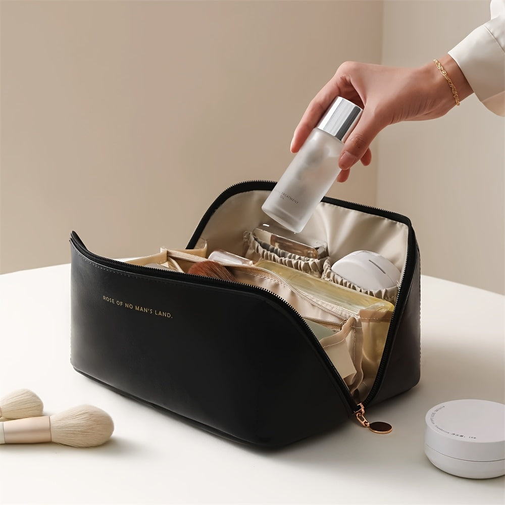 Travel-friendly makeup and skincare storage bag with large capacity and positioning printing, available in mixed colors and unscented.