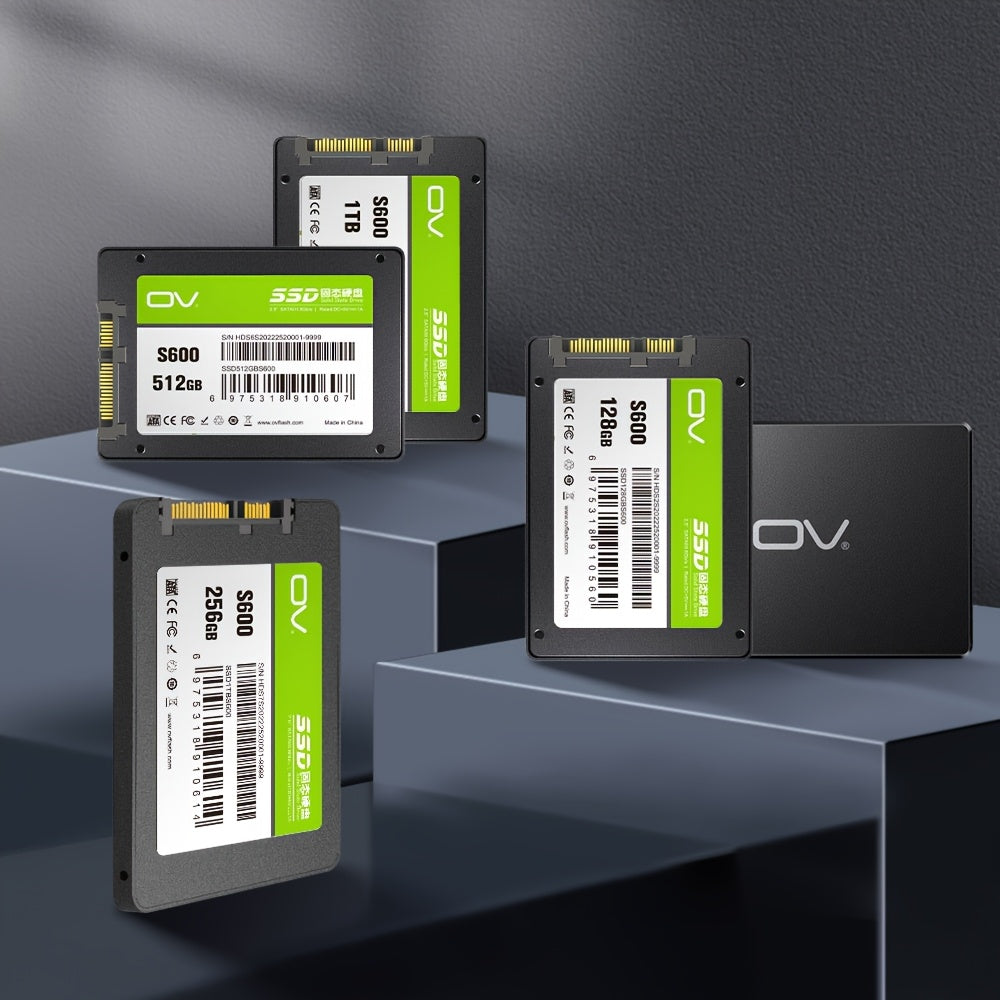 High-speed OV Sata 3 SSD available in various capacities with durable TLC flash, shock-proof design, and compact 6.35cm size for PCs, desktops, and laptops.