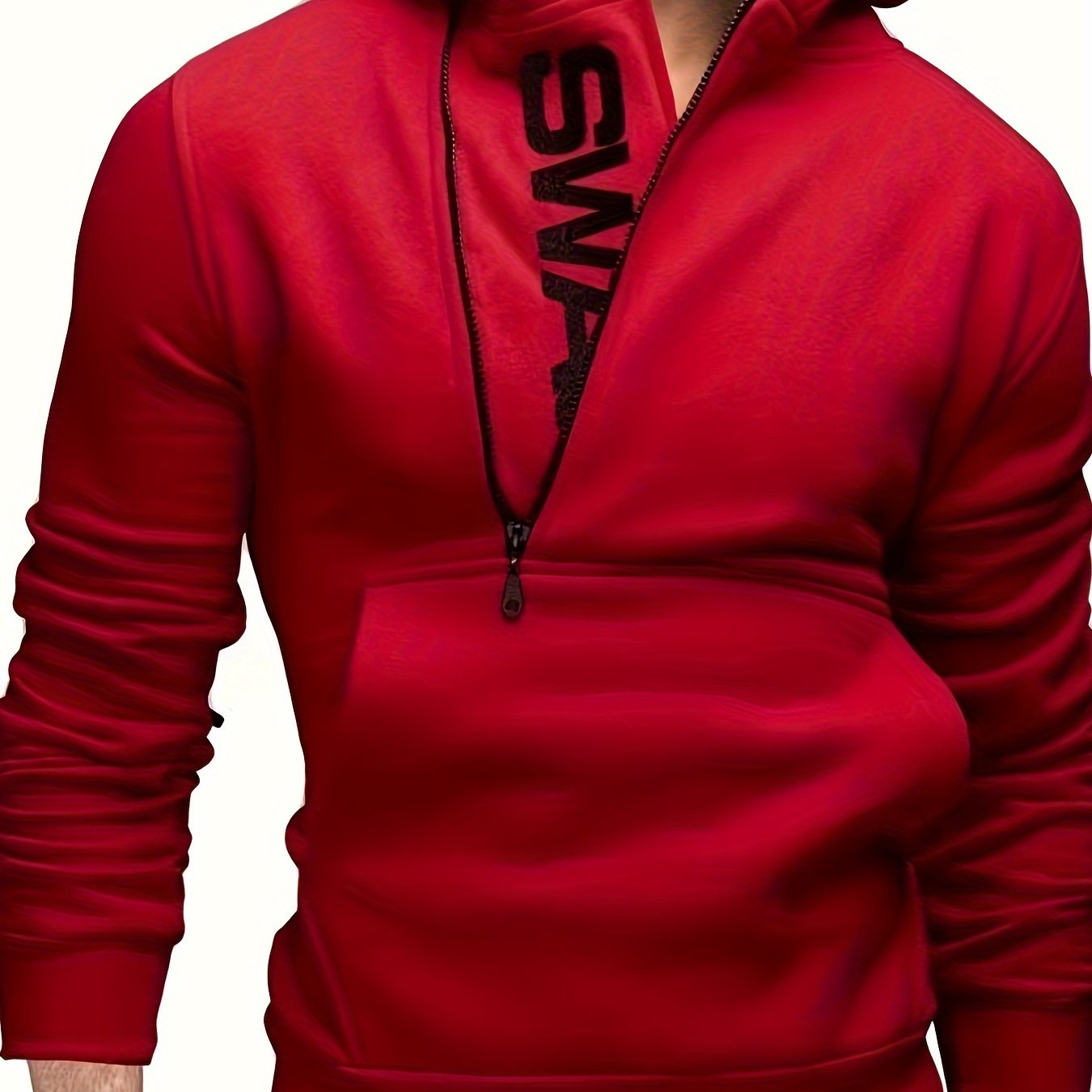 Men's long sleeve letter print hoodies with kangaroo pocket, zipper, and sloped collar. Suitable for outdoor sports in autumn and winter, fashionable and versatile.