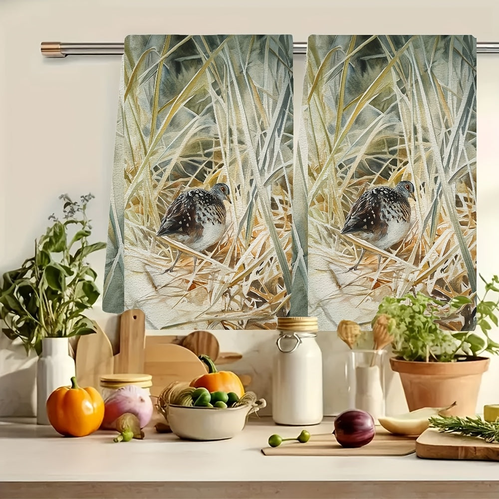 This set includes 2 ultra-soft kitchen towels that feature the gentle sound of a quail concealed in the grass. These highly absorbent dish towels are ideal for holiday decoration and can be easily washed in the machine. They measure 40.64x60.96 cm.