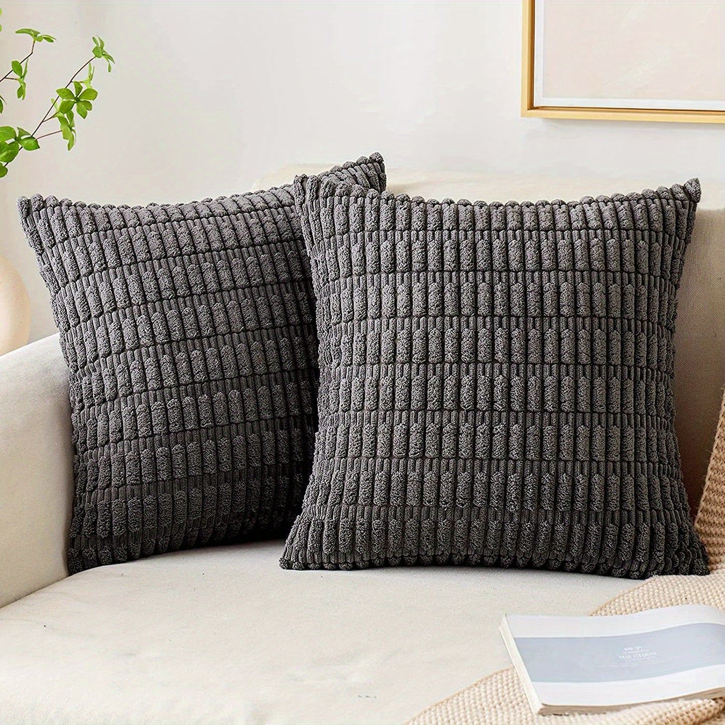 Reversible corduroy throw pillow cover with soft boho striped design, machine washable, zipper closure. Woven polyester, ideal for contemporary farmhouse home decor in sofa and living room. Size: 45.72x45.72 cm.