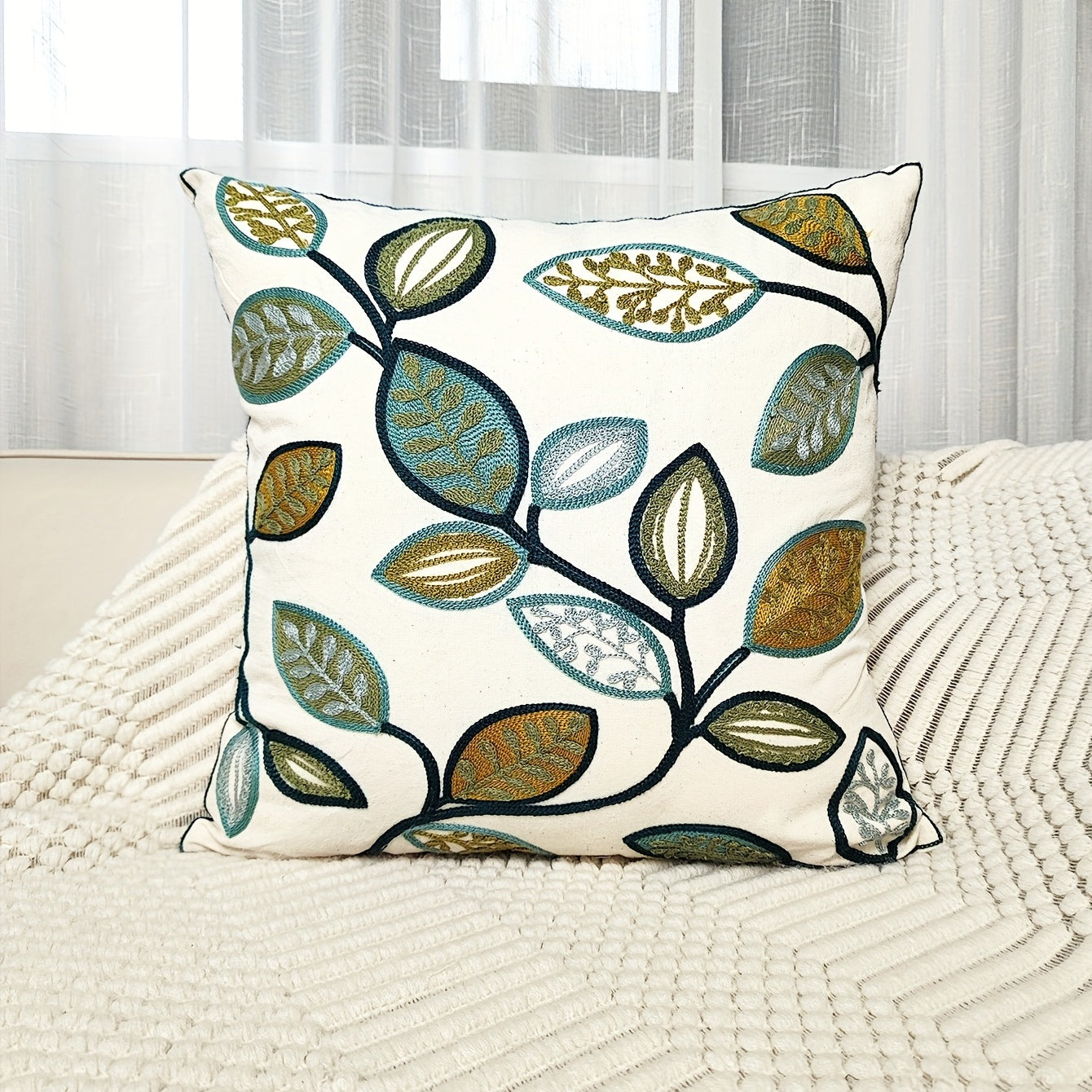 Leaf embroidered canvas throw pillow case featuring modern green & golden leaf pattern, zippered, machine washable cover for living room decor.