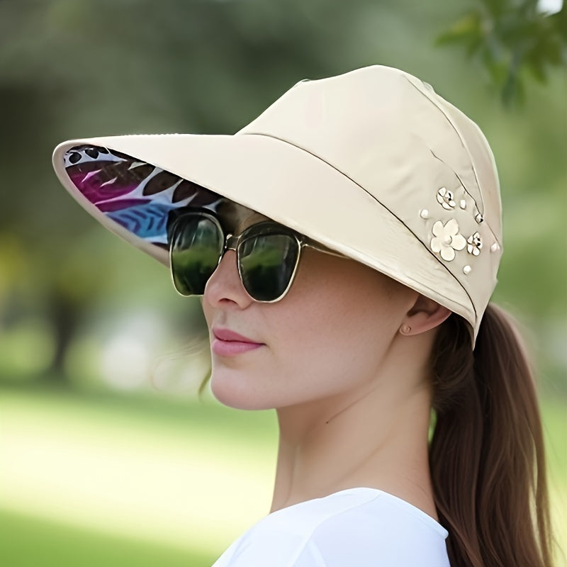 Korean-style women's sun hat with UV protection, foldable, breathable polyester visor for outdoor activities and beach.