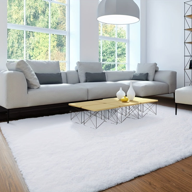 Soft and fluffy bedroom rug - shaggy plush area rug for teens' college dorm, living room, home decor. White floor carpet.