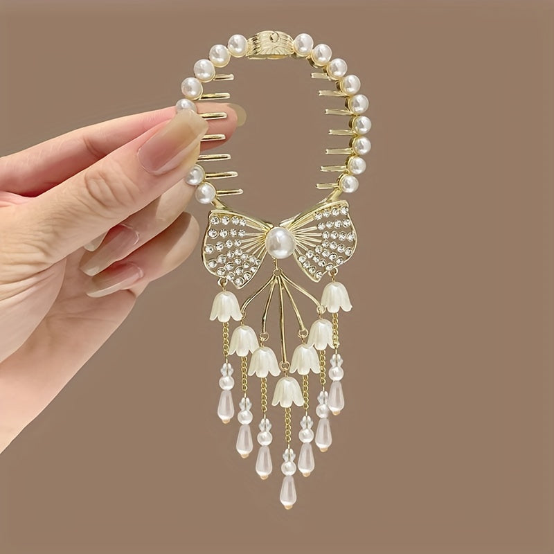 Retro rhinestone and imitation pearl hairpin for bun hairstyles.