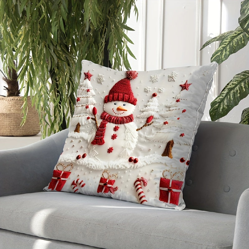 Double-sided Christmas snowman and tree design throw pillow cover made from modern polyester. Features zipper closure, machine washable fabric, and number print. Perfect for adding holiday charm to any room.