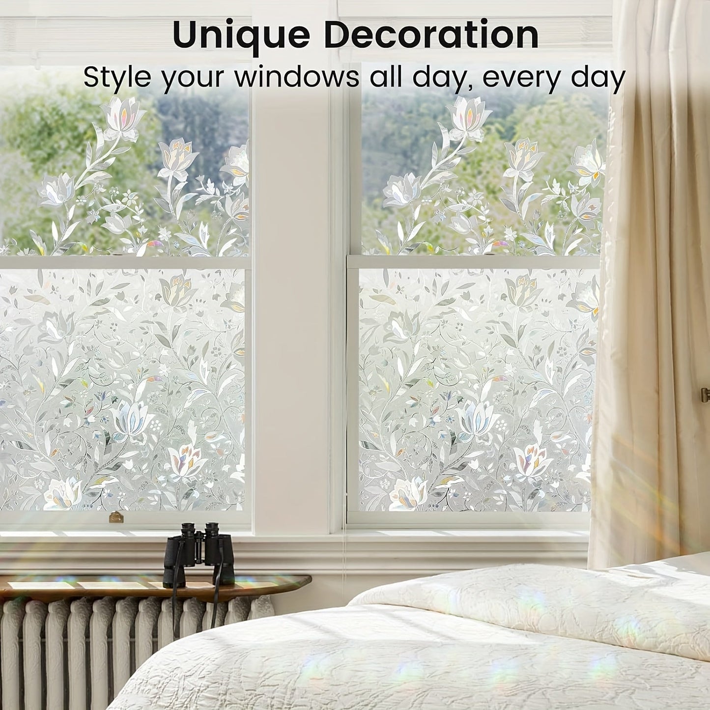 Decorate your bedroom, living room, office, or home with this stylish and functional Window Privacy Film. This Sun Blocking removable Window Sticker features a decorative stained glass design and uses static cling technology for easy application.