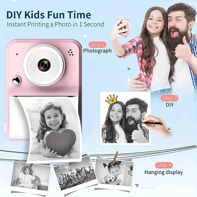 Portable Mini Camera Photo Printer with 6.1 cm Screen - USB Rechargeable, 1080P Video, 48MP, MP3 Playback, Thermal Printing on Paper, Monochrome Output, Smartphone Compatible, No