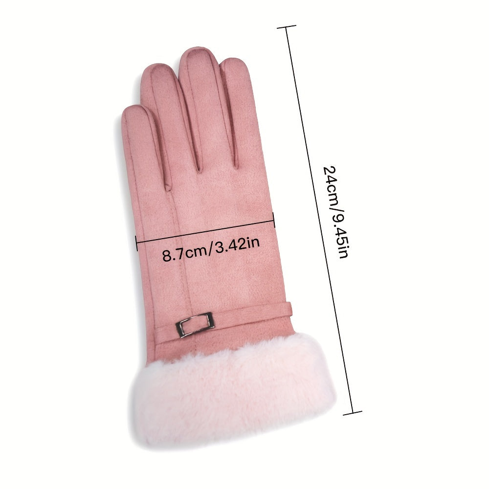 Winter gloves for women that are touchscreen-compatible, made of warm suede with plush lining, featuring an elastic fit and available in multiple colors.