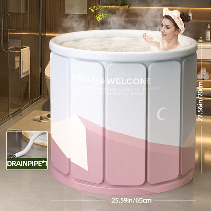 Foldable bathtub with drainage, hot & cold water, spill-proof design for home bathrooms.