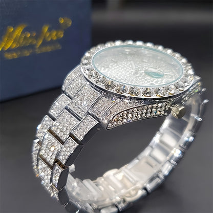 Luxury men's watch with luminous hands, large diamond, quartz movement, and hip-hop rock fashion design.