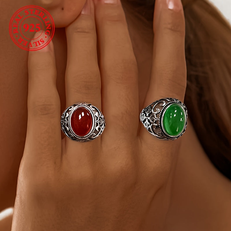 925 Sterling Silver Vintage Punk Style Ring with Adjustable Imitation Jade and Agate Stone, Ideal for Casual Wear or as a Gift