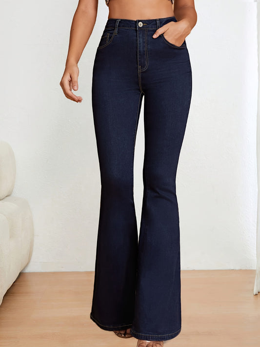 Blue stretch denim flare jeans for women, slim fit, high-waisted with button closure, machine washable.