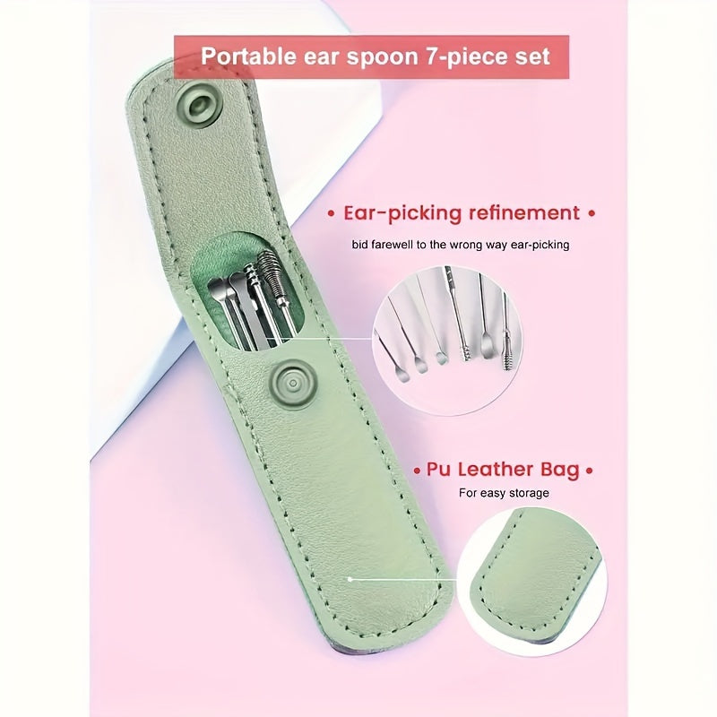 Ear Care Kit with 6 stainless steel ear spoons and storage case for daily cleaning at home or outdoors, no battery needed.