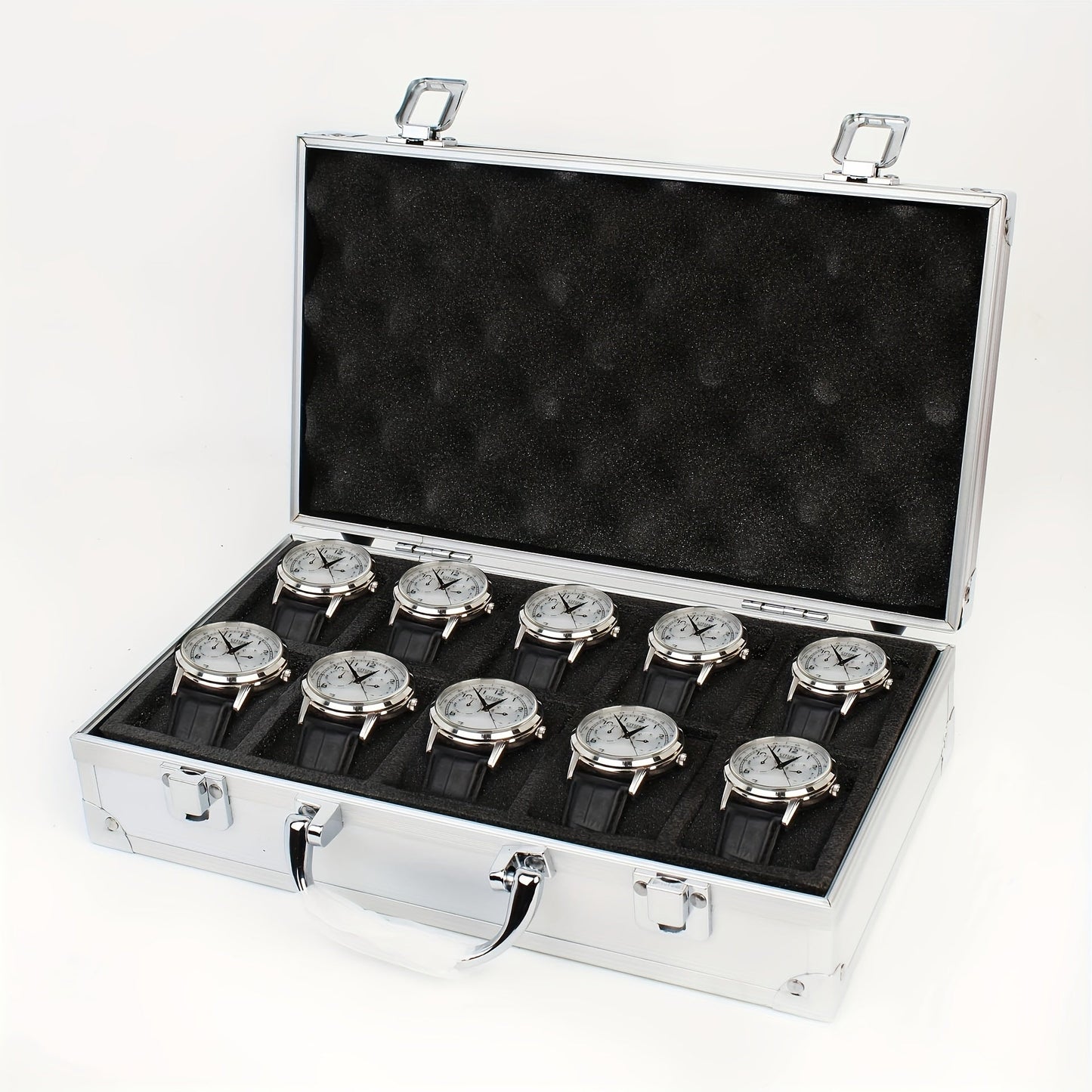 One piece of an aluminum alloy watch storage box with 18 slots, designed for men watch collectors. This portable clock display box can also be used as a gift box.