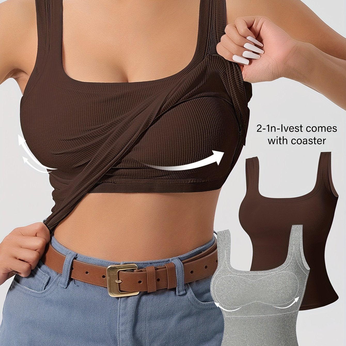 2 Simple Solid Square Neck Tank Tops with padded backless design for women's lingerie and underwear.