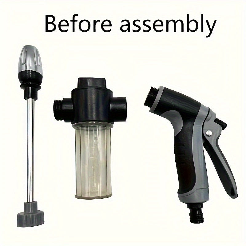 High-pressure foam sprayer gun with an extended wand, suitable for a variety of uses such as car wash, watering plants, and household cleaning. This manual operation tool does not require electricity. Great for all your cleaning needs without the hassle