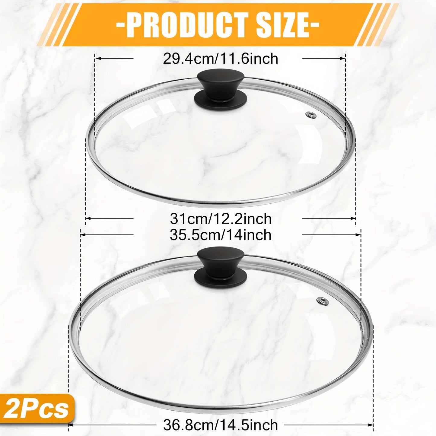 Clear Universal Glass Lid in Transparent Color, suitable for Frying Pan, Flat Bottom Pot, and Cast Iron Pot, available in sizes 10in/25.3cm, 13in/33cm, 12.2in/31cm, and 14.5in/36.8cm.