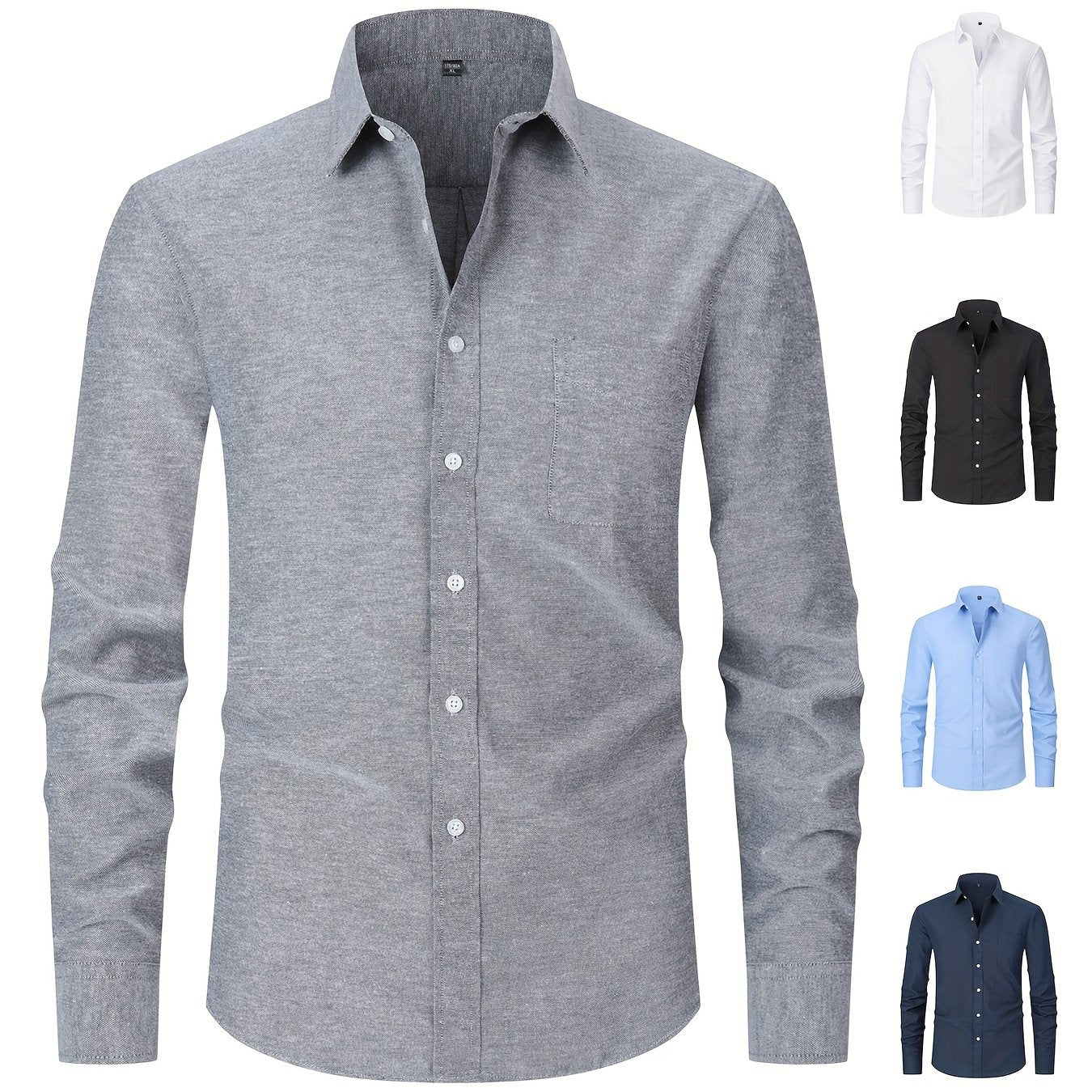 Men's loose fit cotton blend oxford dress shirt with long sleeves, single-breasted placket, mature lapel collar, solid color, and front pocket detail, perfect for spring and fall seasons.