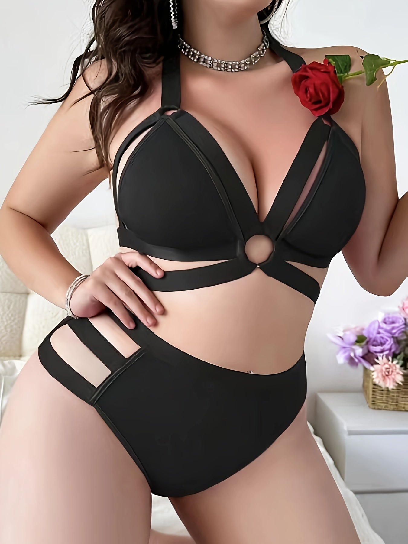 Plus size lingerie set with cross detail, medium stretch knit fabric, comfortable bustier and corset costume.