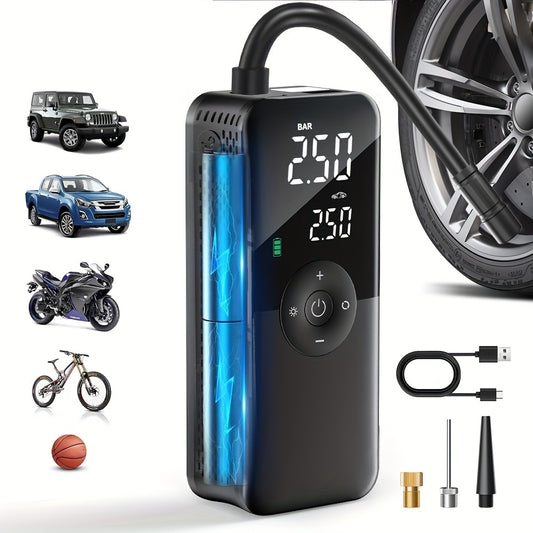 CARSUN Portable Electric Air Compressor Pump for cars, motorcycles, bicycles with 2600mAh rechargeable lithium battery, digital display, remote control via wireless app. Includes