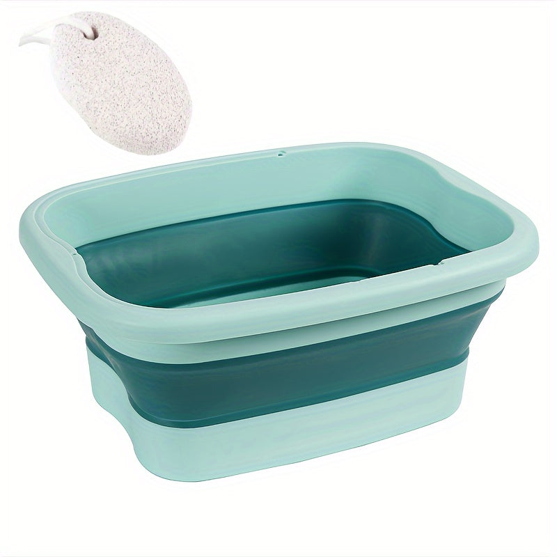 Portable folding foot soak bath tub with lid for deep immersion foot massage. Durable home spa accessory with unscented basin and non-electric manual massage surface. Includes foot file and