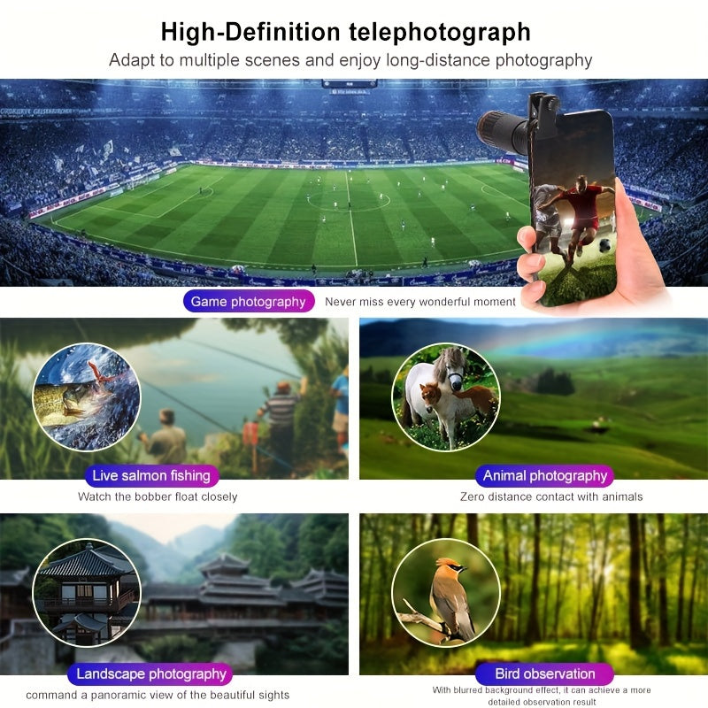 High-quality 32X HD optical telephoto lens with anti-jitter function for smartphones. Universal clip for most mobile phones, made of rubber material. Perfect for outdoor enthusiasts.