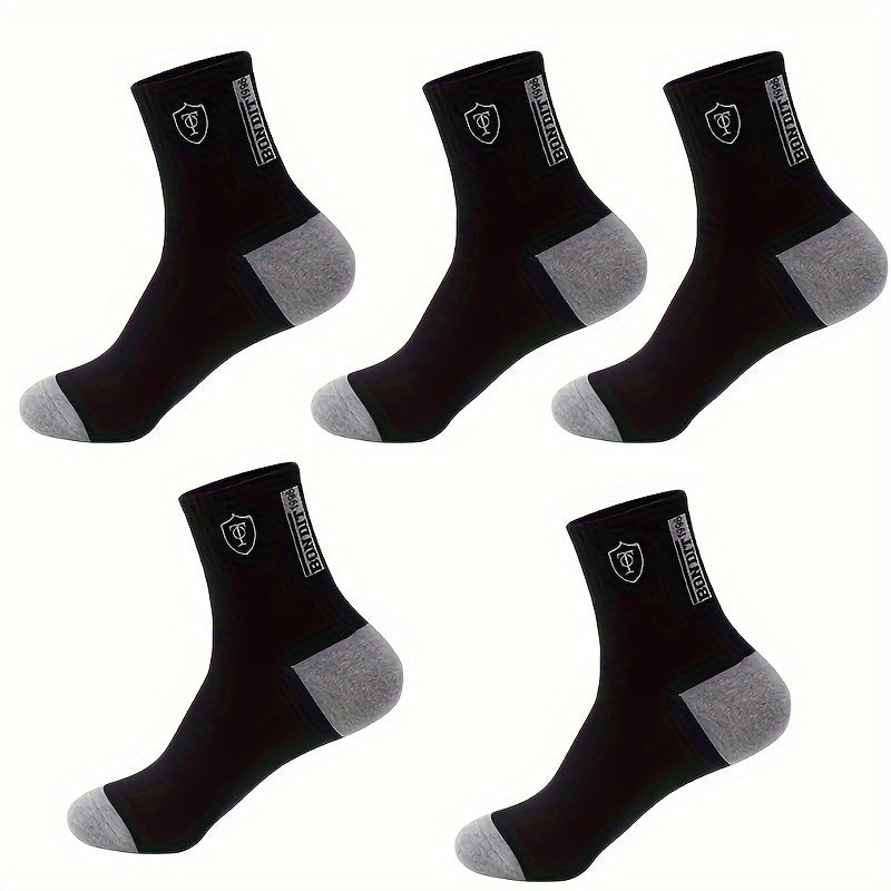 5 pairs of comfortable, trendy crew socks for men, breathable and soft for casual wear.