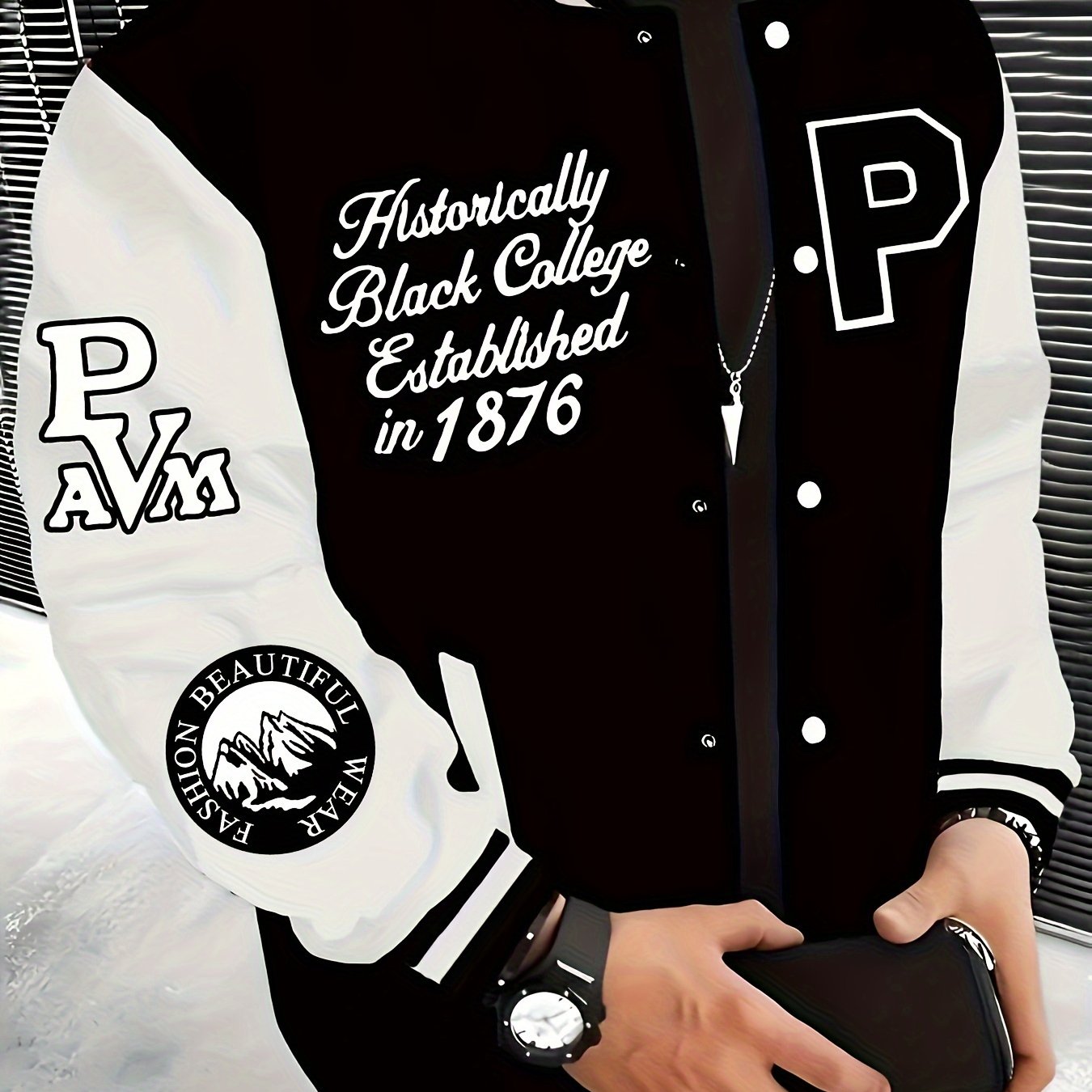 NYC-inspired Varsity Jacket for Men in Black and Beige, Polyester, Snap Closure, Baseball Collar, Machine Washable, PLUS SIZE