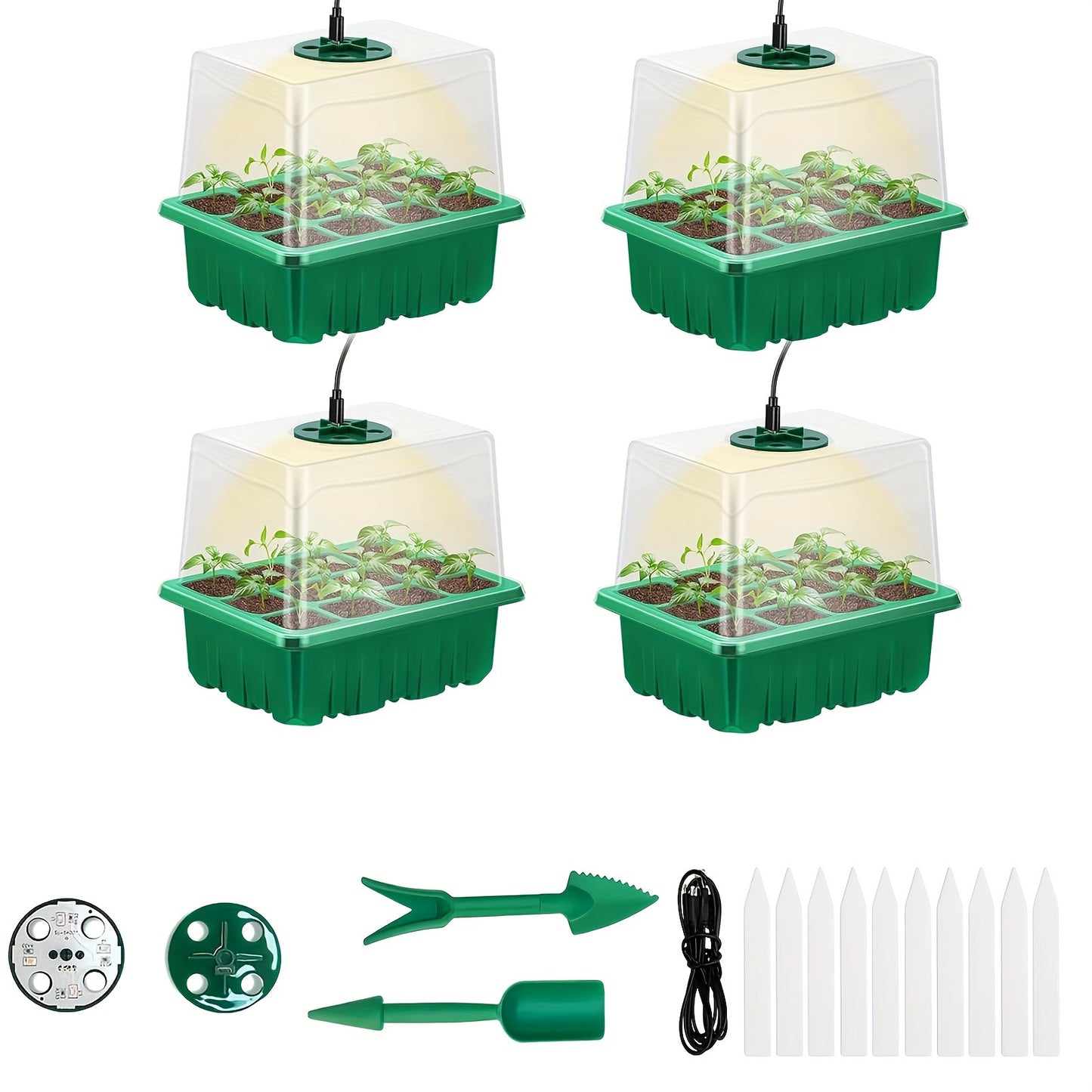 Seed starter trays with grow lights are available in packs of 1, 2, 4, or 5 and include humidity domes and bases for indoor greenhouse seed growth, with each tray containing 12 cells.