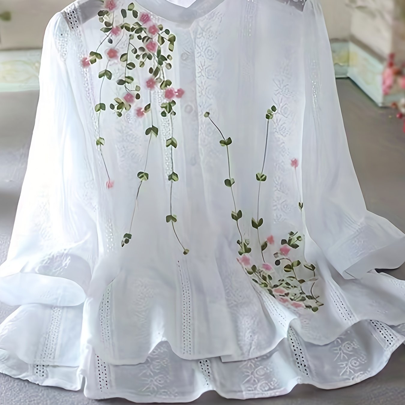 Women's Elegant Floral Blouse in Sheer White with Pink & Green Flowers, Round Neck, Ruffled Cuffs, Ideal for Spring & Summer, Perfect Spring Wardrobe Essential with Feminine Style and