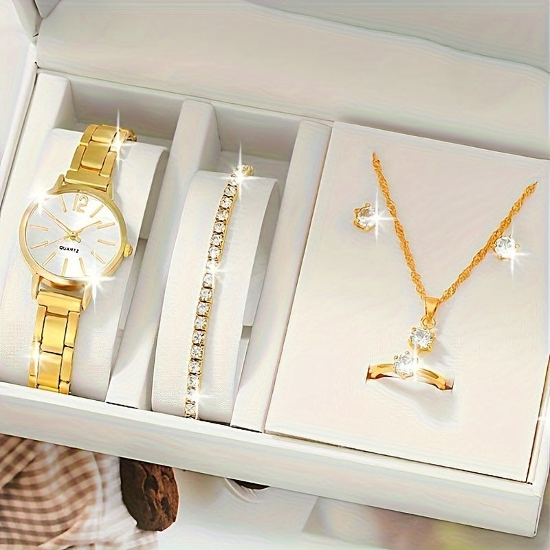 Six elegant ladies quartz watches and bracelet suits with round zinc alloy case, stainless steel strap, casual round simulation dial with steel band, and shock-proof movement.