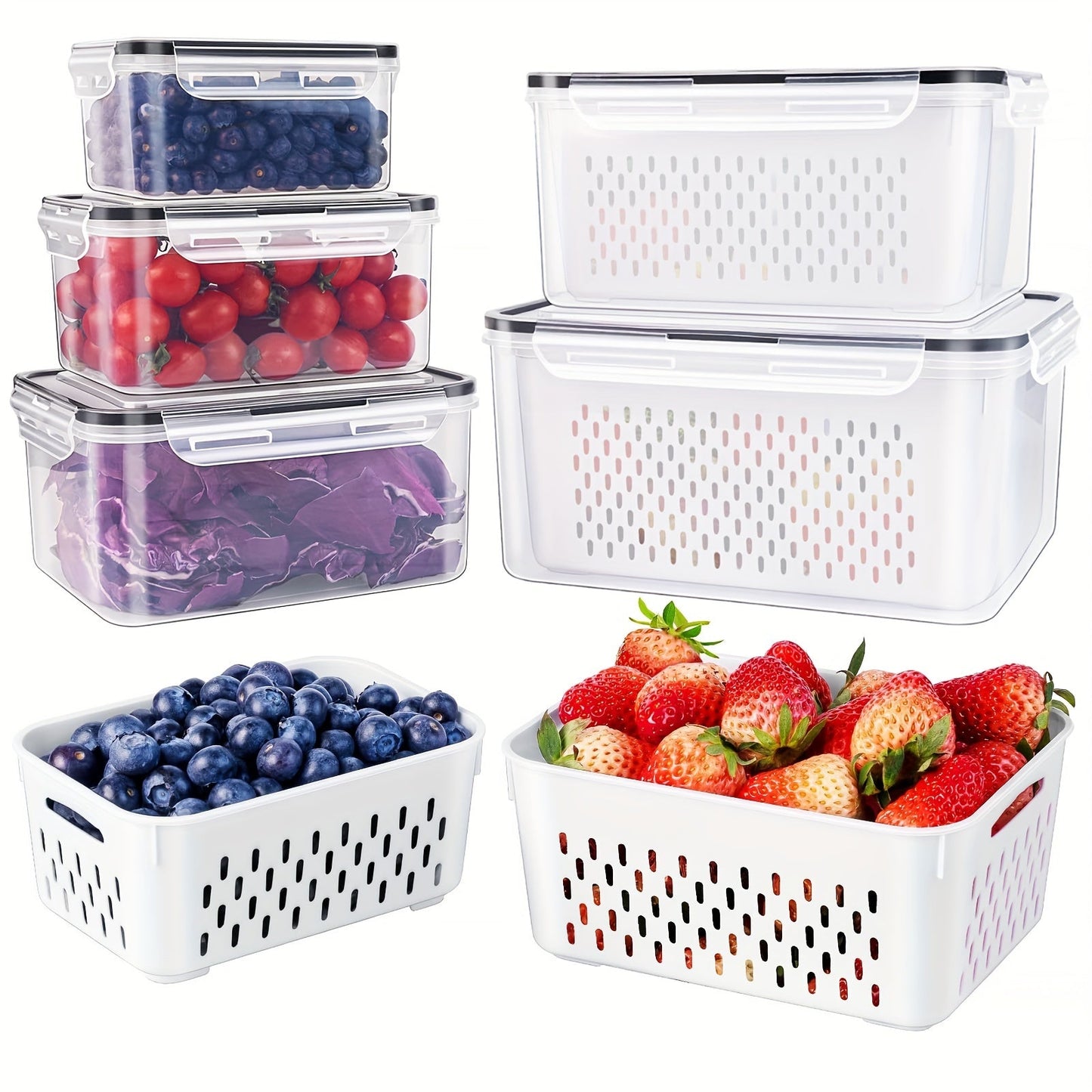 Keep your fruits, vegetables, berries, and meat fresh longer with this set of 9 large leakproof fridge storage containers featuring removable colanders. Dishwasher safe for easy cleaning.