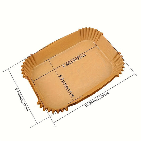 50-100 pieces of disposable paper liners for air fryers, featuring a non-stick surface that is safe for food contact. Ideal for use at home or for parties, this essential kitchen accessory is perfect for air fryers and baking.