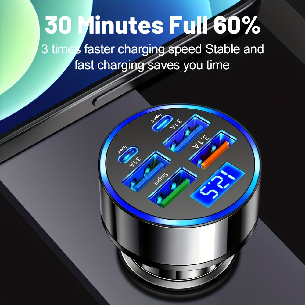 6-in-1 car adapter with fast charging capabilities for smartphones, tablets, and power banks, featuring dual Type-C ports and a digital display in a sleek black design.