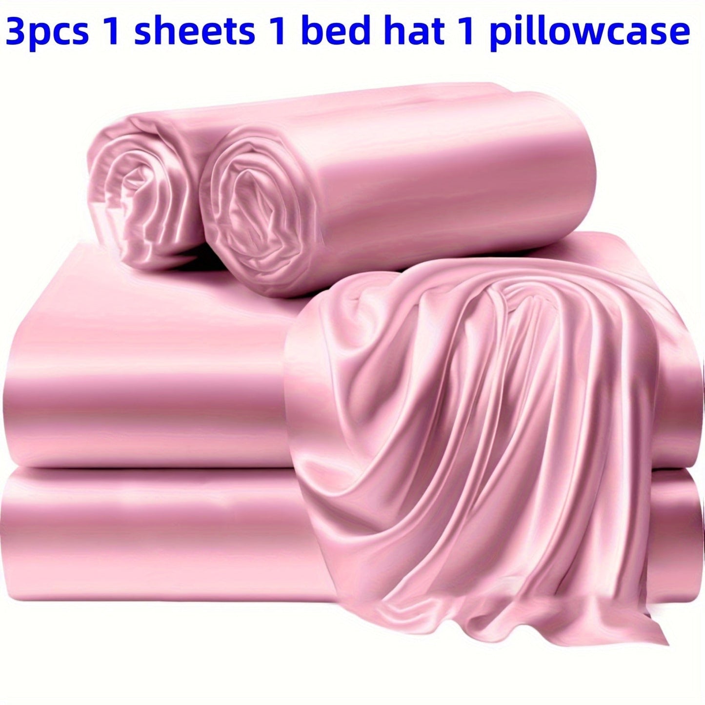 A set of three or four solid color bed sheets and bed skirts, along with half the number of pillowcases, all soft and silky.