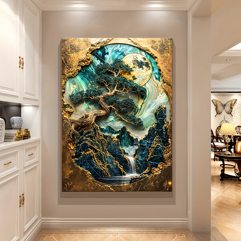 Frameless golden bonsai sanctuary wall art, modern abstract canvas print, 79.98x119.99cm, for bedroom and living room décor, other materials, no frame.