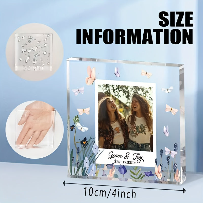 Customize your memories with a 1pc Acrylic Photo Block Frame measuring 10.01cm. This personalized Best Friends Picture Frame is a unique Friendship Keepsake, perfect for Soul Sisters, Cousins, and Aunts. It makes an ideal gift for New Year or Christmas.