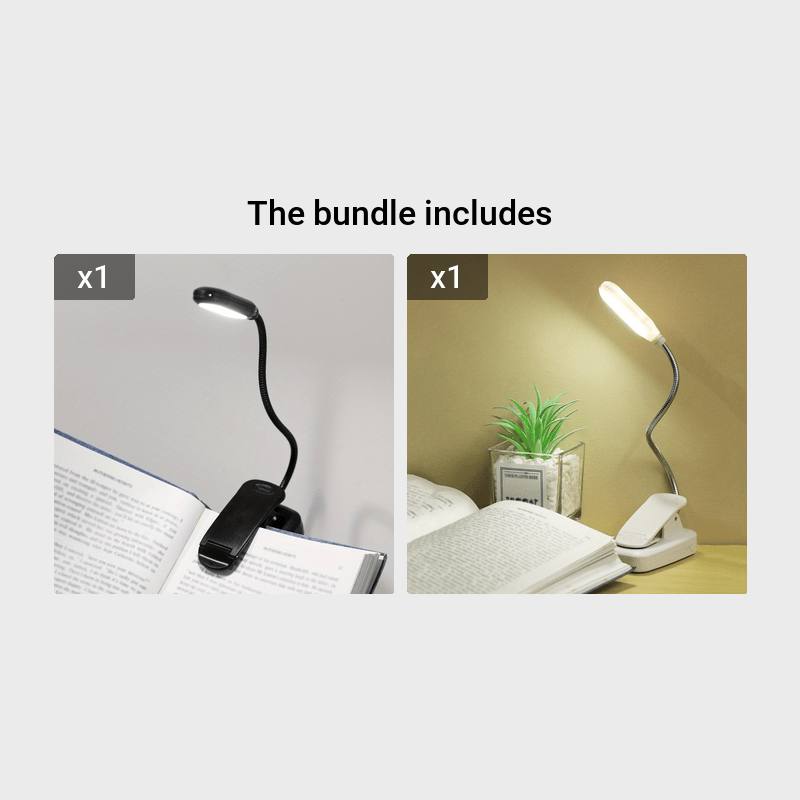 Portable battery-powered clip-on book light with a flexible hose, ideal for reading in small spaces or as a bedside night light.