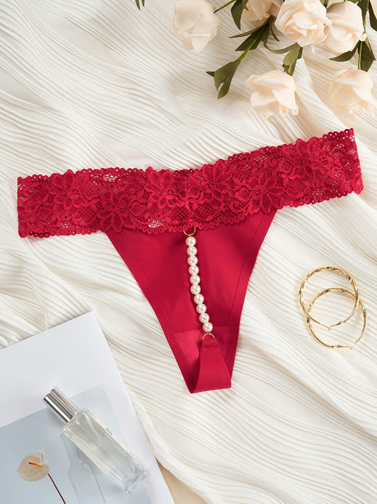 Single color lace thong with pearl chain detail