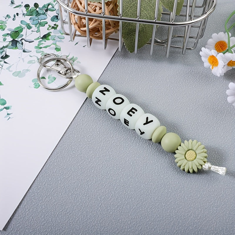 Personalized Silicone Keychain with Glow-in-the-Dark Alphabet Beads, Flower Charm, Custom Name, Perfect for Birthday Parties and Festivals, Women's Key Holder with Lobster Clasp - Great for Decorating Backpacks and Bags (Individual Item)