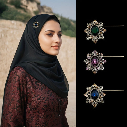 This headscarf pin exudes vintage elegance with its alloy and glass materials, irregular shape, and luxurious style.