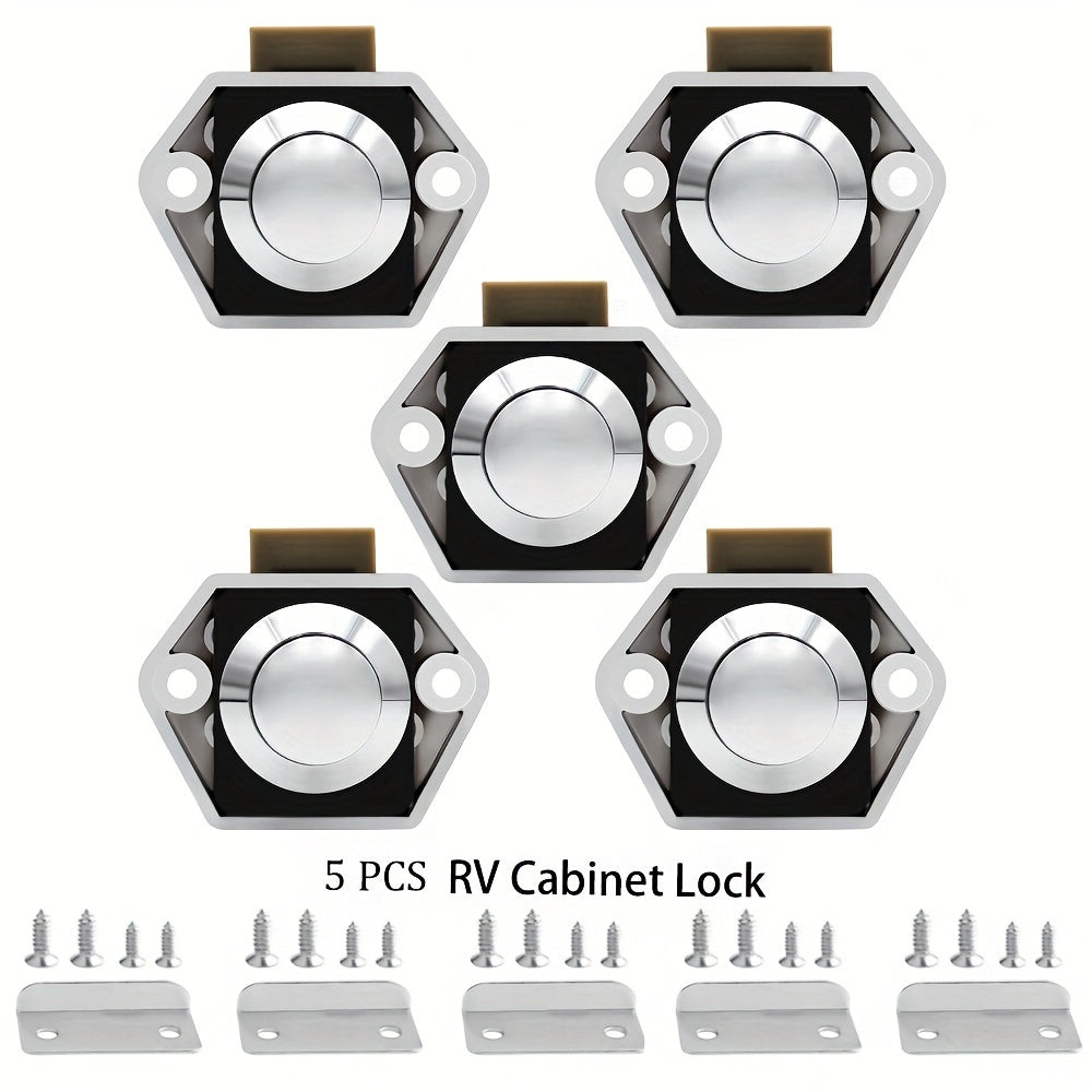 5 RV push button cabinet latches for RVs, yachts, motorhomes, campers, caravans, travel trailers, and boats.