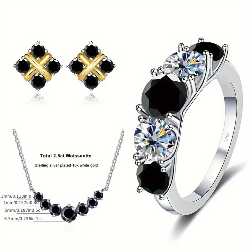 Luxurious 4-Piece Jewelry Set featuring a 7.2ct Total Moissanite Necklace Pendant, Earrings, and Ring - made with 925 Sterling Silver. Perfect Holiday-Themed Gift Set for Weddings, Christmas, Anniversaries. Comes in a beautiful Gift Box.