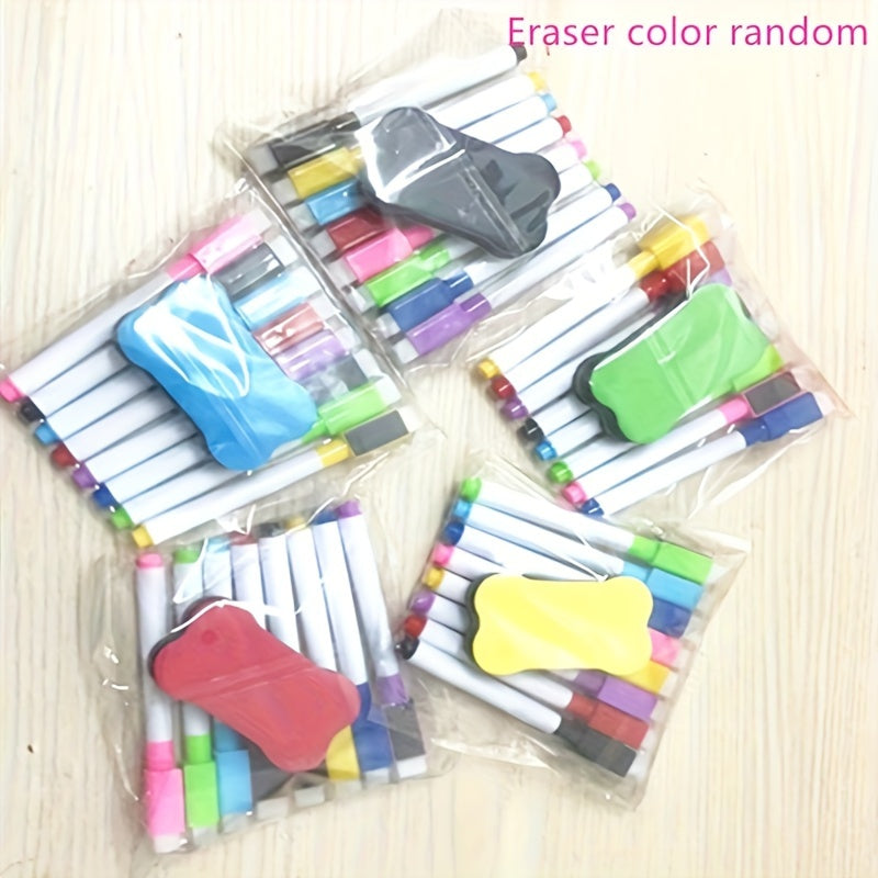 Set of 8 scratch-free erasable whiteboard pens, random colors. Includes easy-to-use eraser and magnetic markers. Ideal for office supplies.